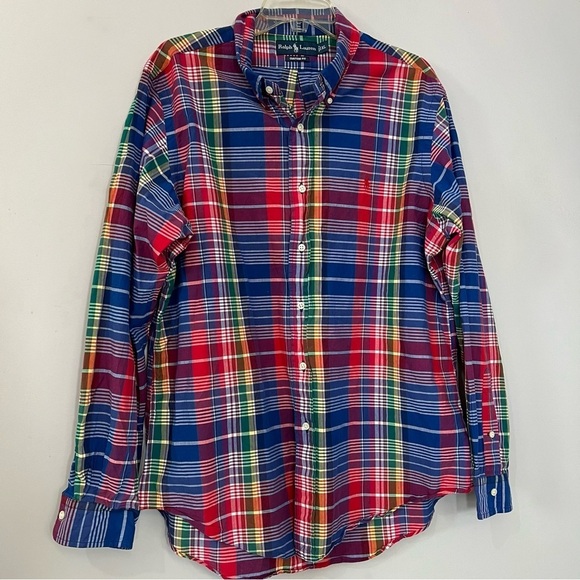 Ralph Lauren colorful rainbow plaid casual button down shirt size XL preppy - Picture 8 of 15